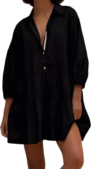 Women's Cute Summer Babydoll Shirt Mini Dress Puff Sleeve Flowy Tunic Shirt Dress Button Down Loose Short Dresses
