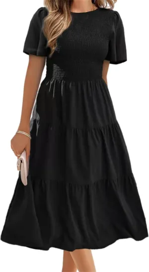 Womens Cute Summer Dresses Casual Short Sleeve Crew Neck Flowy Maxi Dresses Ruffle Boho Dress Vacation Beach Dresses
