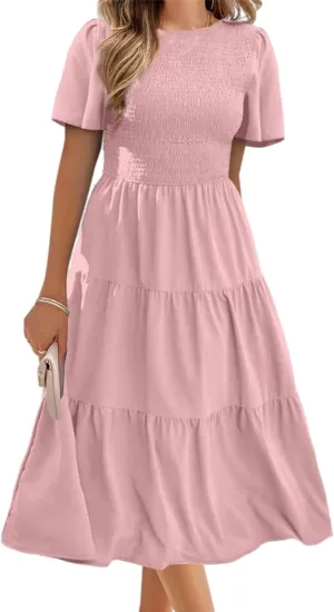 Womens Cute Summer Dresses Casual Short Sleeve Crew Neck Flowy Maxi Dresses Ruffle Boho Dress Vacation Beach Dresses
