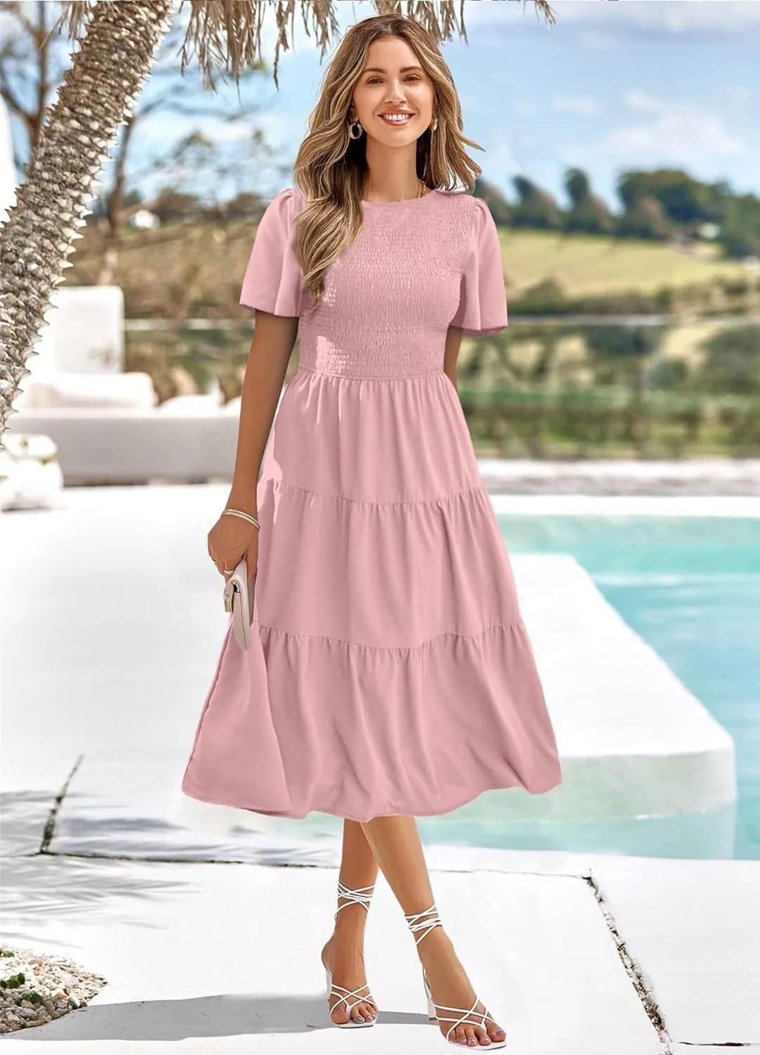 Womens Cute Summer Dresses Casual Short Sleeve Crew Neck Flowy Maxi Dresses Ruffle Boho Dress Vacation Beach Dresses
