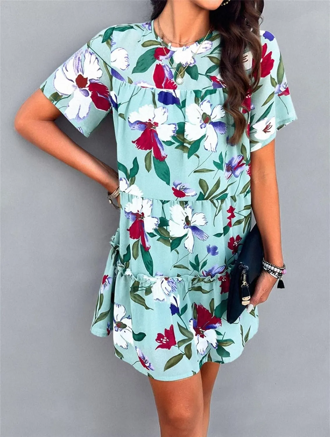 Womens Cute Summer Dresses Fashion Short Sleeve O Neck Mini Swing Dresses Ruffle Floral Vacation Dresses Plus Size