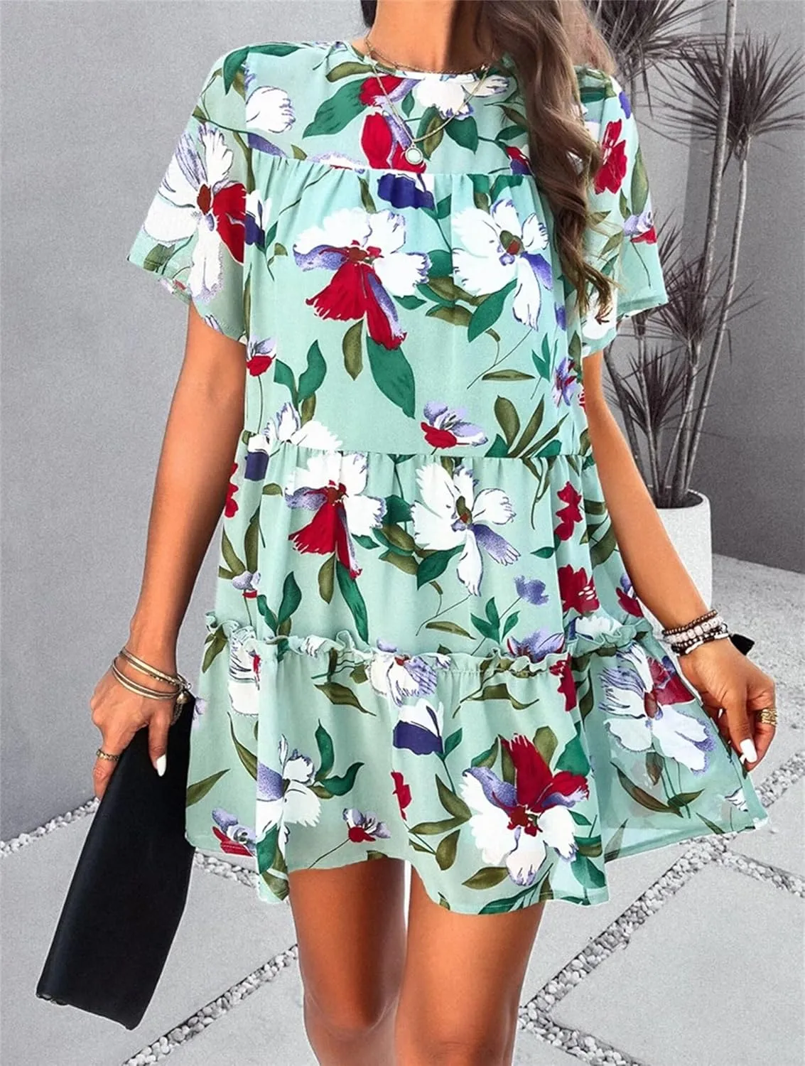 Womens Cute Summer Dresses Fashion Short Sleeve O Neck Mini Swing Dresses Ruffle Floral Vacation Dresses Plus Size