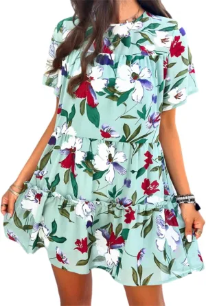 Womens Cute Summer Dresses Fashion Short Sleeve O Neck Mini Swing Dresses Ruffle Floral Vacation Dresses Plus Size