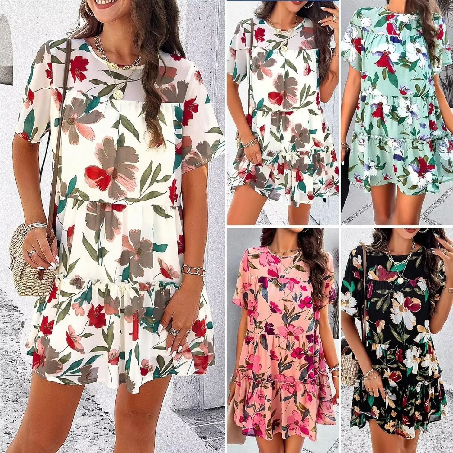 Womens Cute Summer Dresses Fashion Short Sleeve O Neck Mini Swing Dresses Ruffle Floral Vacation Dresses Plus Size