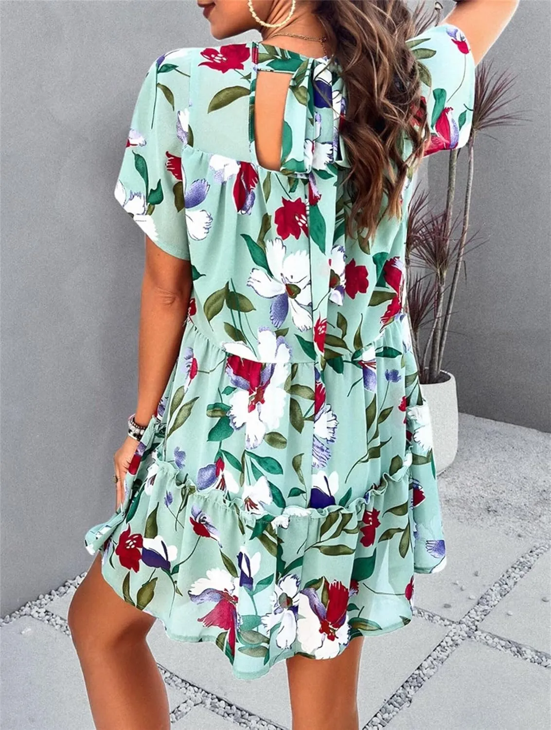 Womens Cute Summer Dresses Fashion Short Sleeve O Neck Mini Swing Dresses Ruffle Floral Vacation Dresses Plus Size