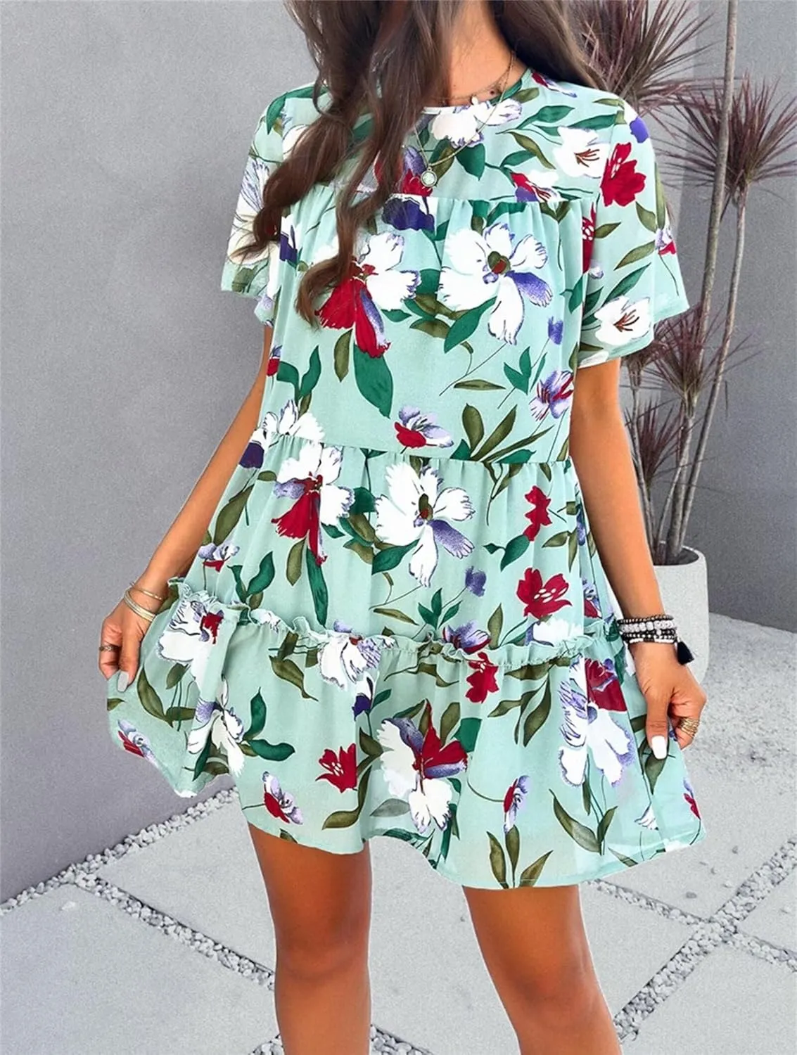 Womens Cute Summer Dresses Fashion Short Sleeve O Neck Mini Swing Dresses Ruffle Floral Vacation Dresses Plus Size