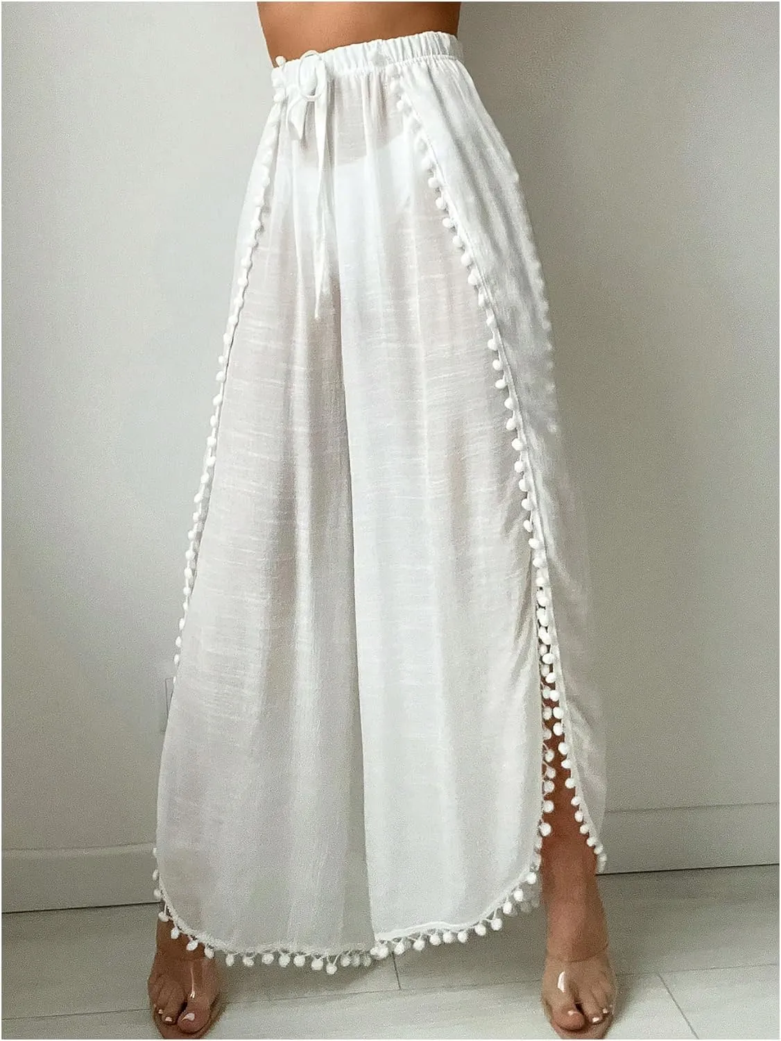 Women's Drawstring Waist Slit Bathing Suit Cover Up Swim Pants Sheer Tie Front Swim Cover Ups Swimwear