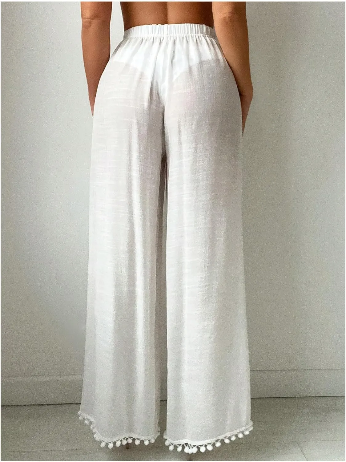 Women's Drawstring Waist Slit Bathing Suit Cover Up Swim Pants Sheer Tie Front Swim Cover Ups Swimwear