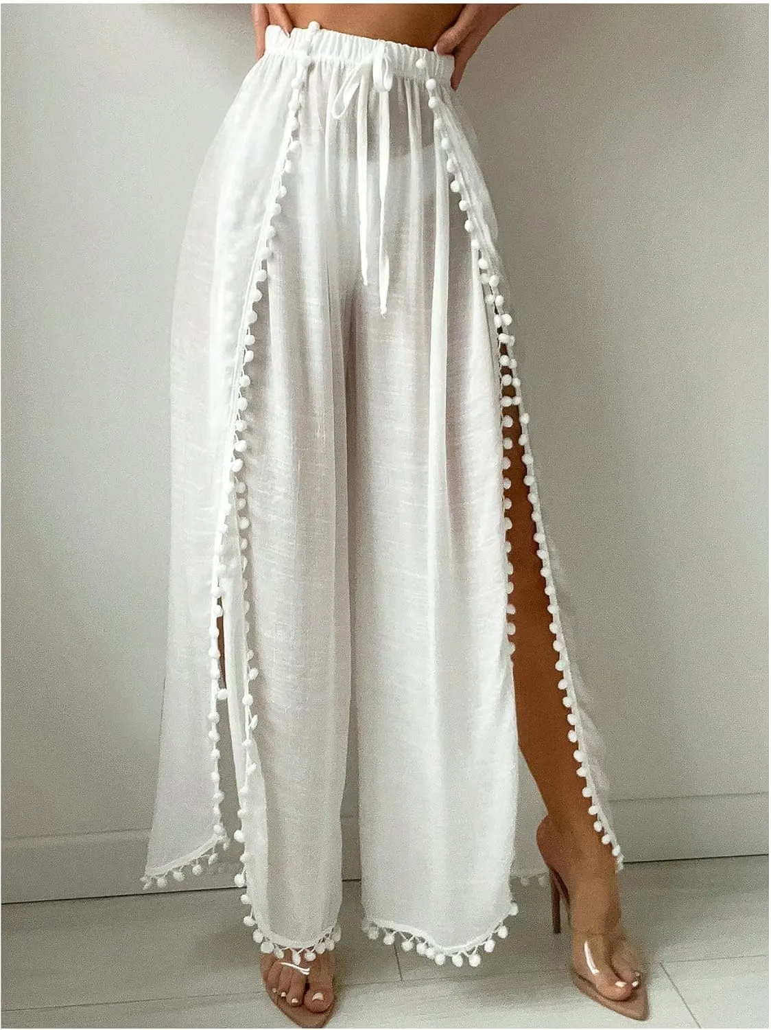 Women's Drawstring Waist Slit Bathing Suit Cover Up Swim Pants Sheer Tie Front Swim Cover Ups Swimwear