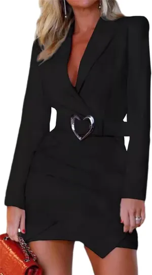 Womens Elegant Blazer Dresses Casual Long Sleeve V Neck Ruched Mini Dress Formal Business Work Dress Without Belt