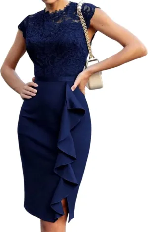 Womens Elegant Summer Dresses Casual Short Sleeve Mini Bodycon Dresses Sexy Lace Dress Formal Business Work Dresses
