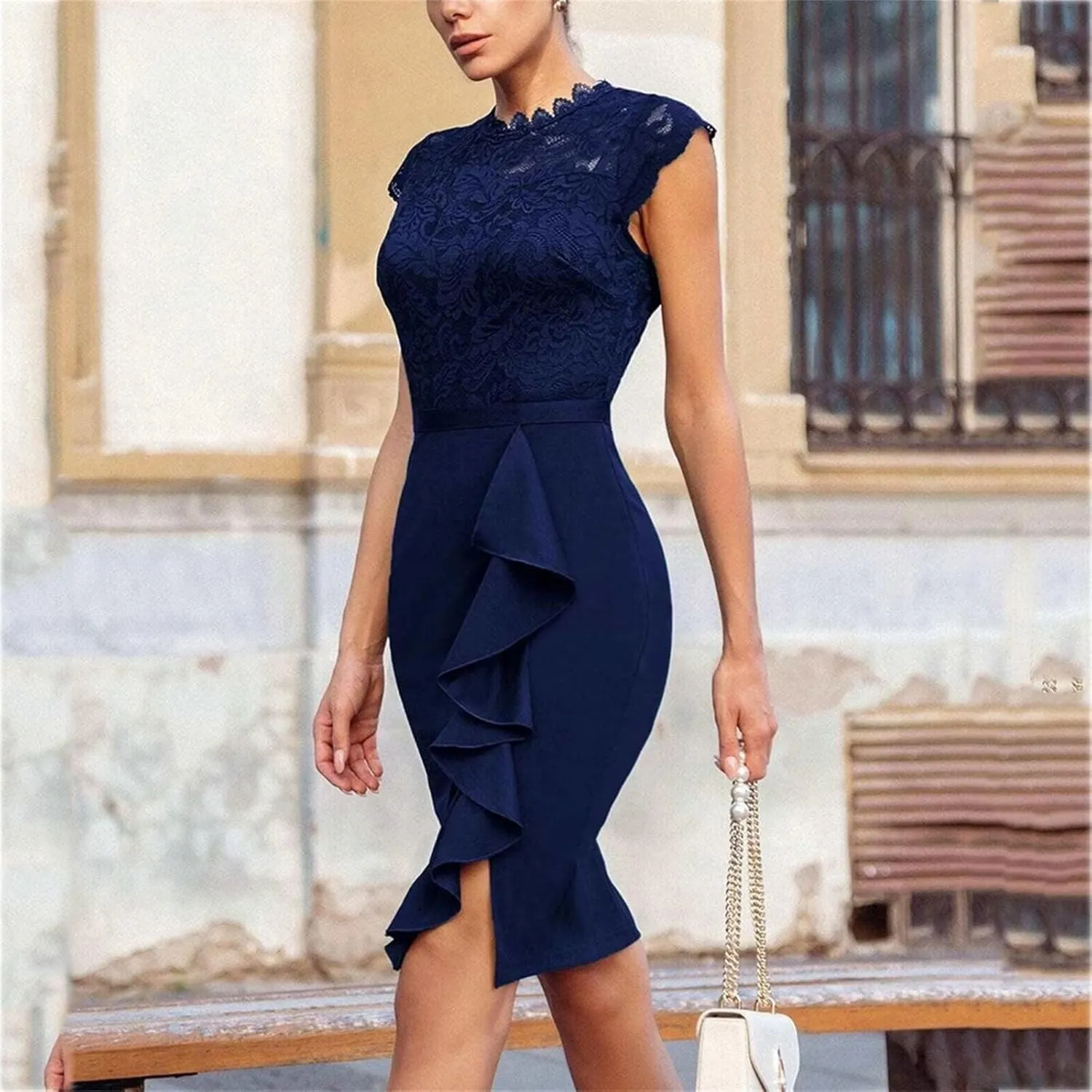 Womens Elegant Summer Dresses Casual Short Sleeve Mini Bodycon Dresses Sexy Lace Dress Formal Business Work Dresses