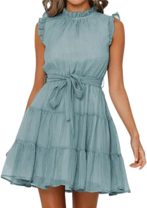 Womens Fashion Summer Dresses Casual Puff Sleeve Ruffle Mini Dress Vacation Beach Boho Dresses Cute Dresses with Belt