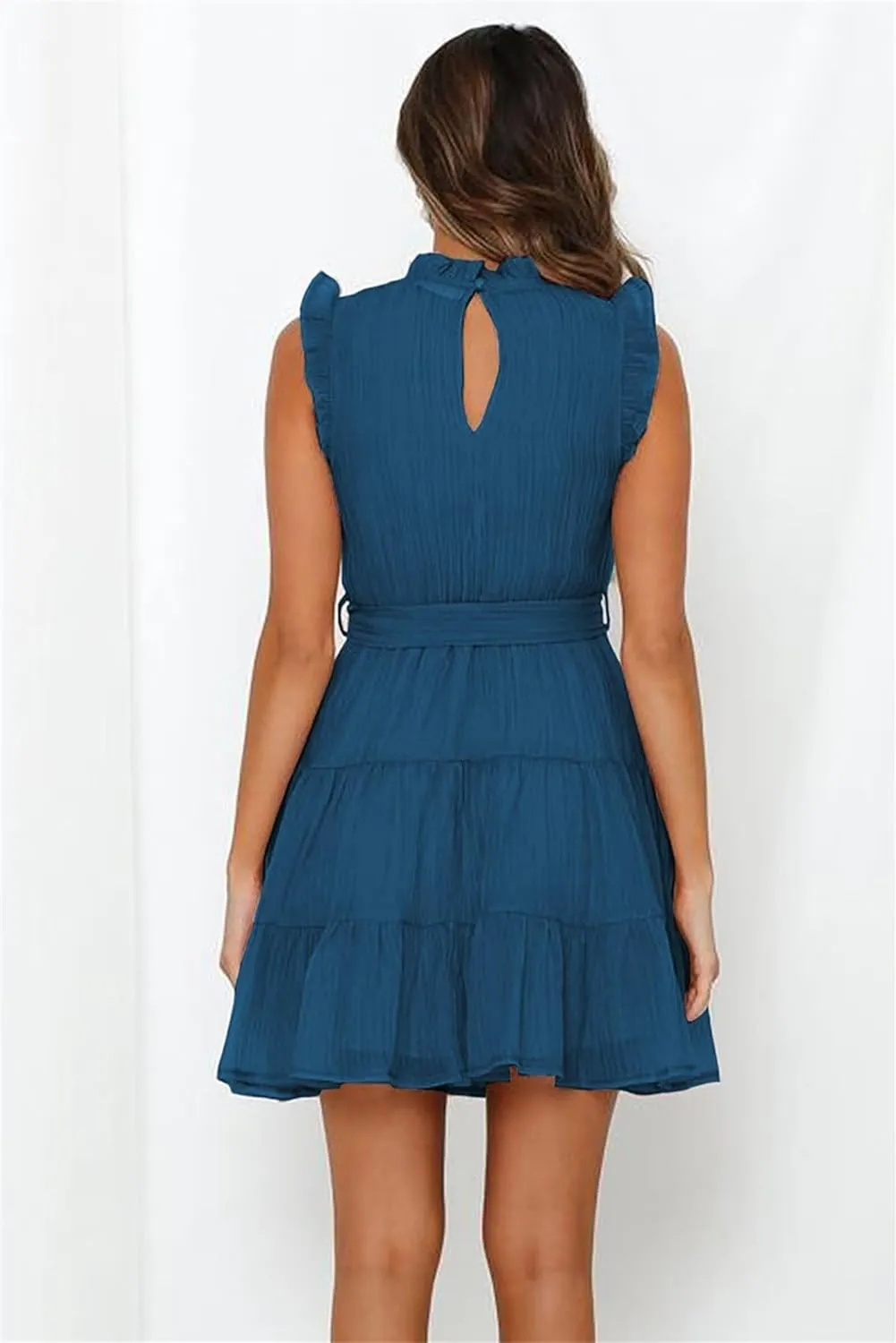 Womens Fashion Summer Dresses Casual Puff Sleeve Ruffle Mini Dress Vacation Beach Boho Dresses Cute Dresses with Belt