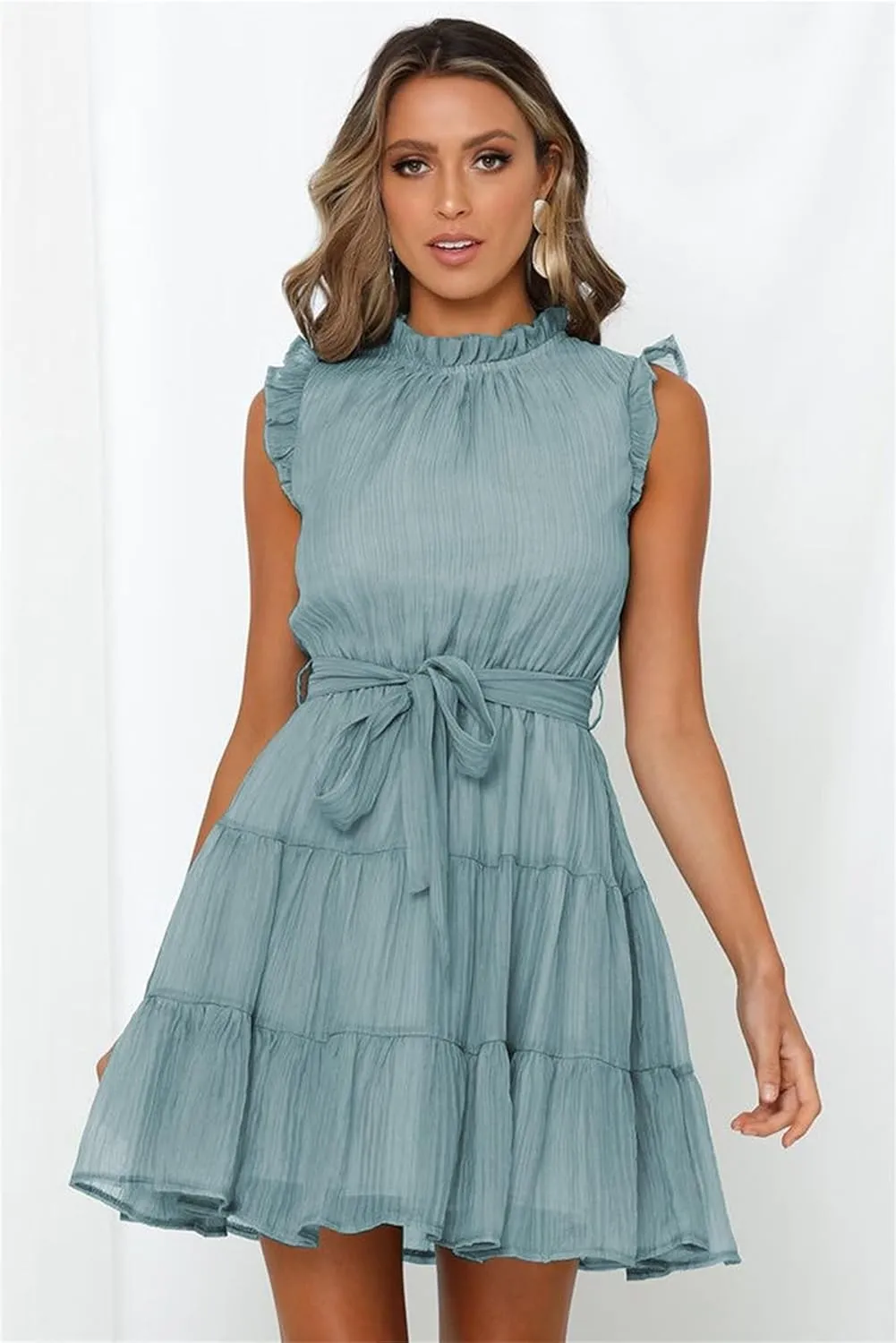 Womens Fashion Summer Dresses Casual Puff Sleeve Ruffle Mini Dress Vacation Beach Boho Dresses Cute Dresses with Belt