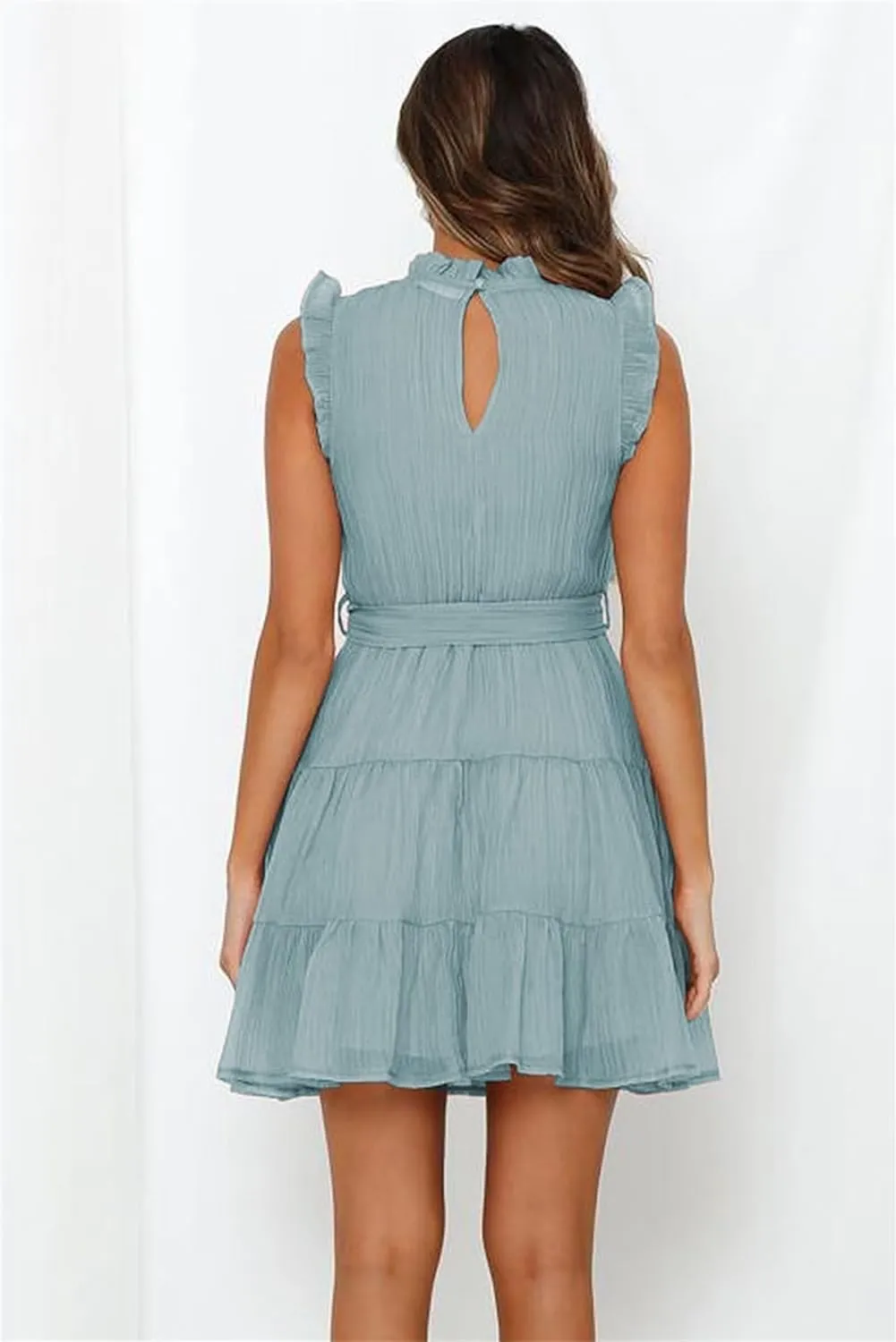Womens Fashion Summer Dresses Casual Puff Sleeve Ruffle Mini Dress Vacation Beach Boho Dresses Cute Dresses with Belt