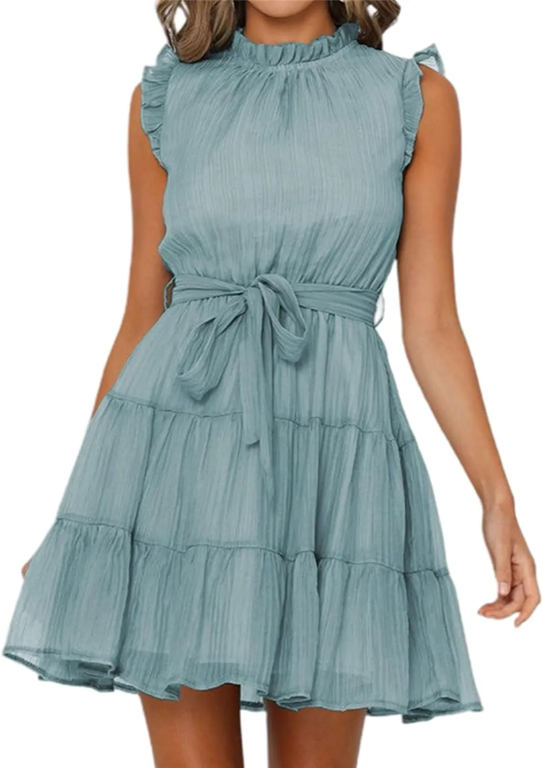 Womens Fashion Summer Dresses Casual Puff Sleeve Ruffle Mini Dress Vacation Beach Boho Dresses Cute Dresses with Belt