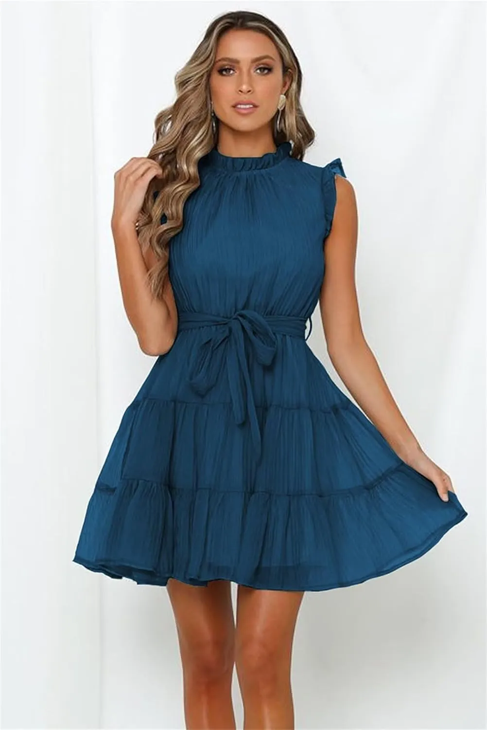 Womens Fashion Summer Dresses Casual Puff Sleeve Ruffle Mini Dress Vacation Beach Boho Dresses Cute Dresses with Belt