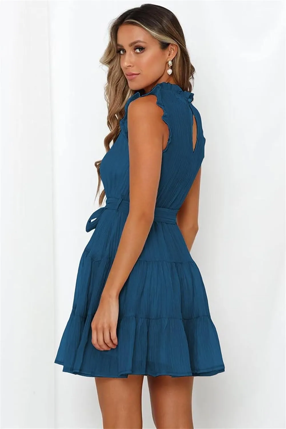 Womens Fashion Summer Dresses Casual Puff Sleeve Ruffle Mini Dress Vacation Beach Boho Dresses Cute Dresses with Belt