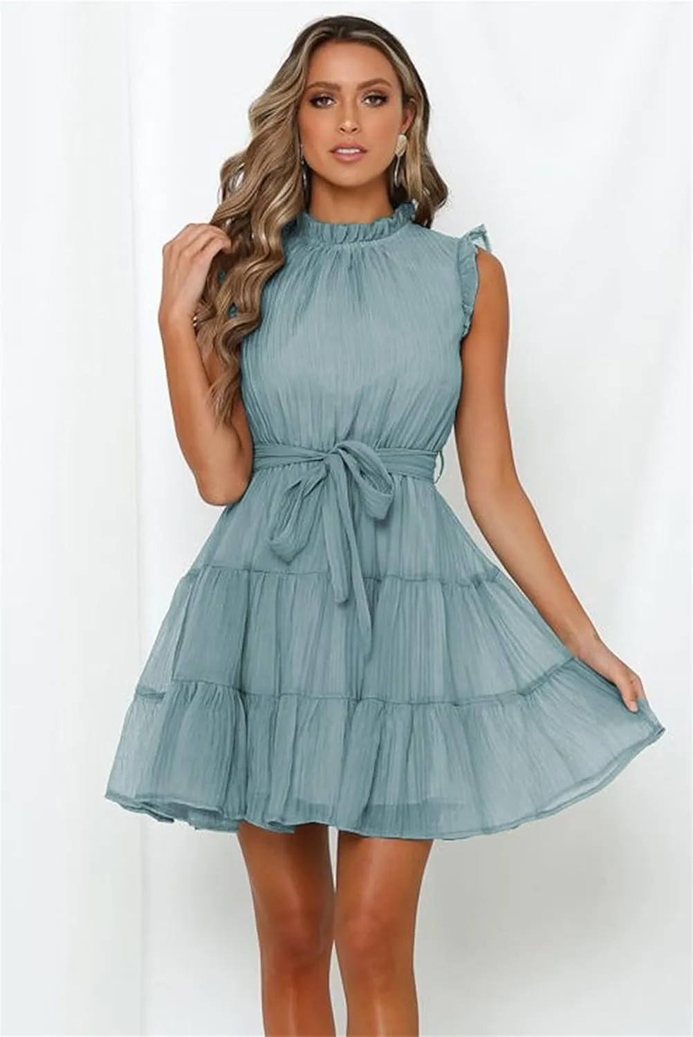 Womens Fashion Summer Dresses Casual Puff Sleeve Ruffle Mini Dress Vacation Beach Boho Dresses Cute Dresses with Belt