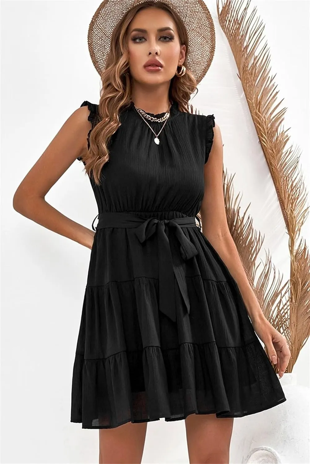Womens Fashion Summer Dresses Casual Puff Sleeve Ruffle Mini Dress Vacation Beach Boho Dresses Cute Dresses with Belt