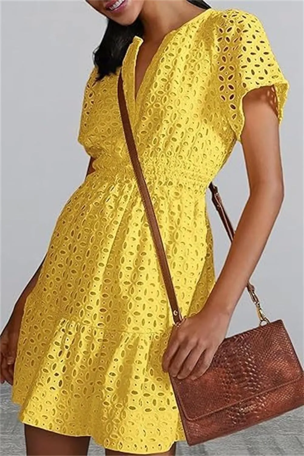 Womens Fashion Summer Dresses Casual Short Sleeve Lace Mini Dresses Ruched Dress Vacation Dress Wedding Guest Dresses