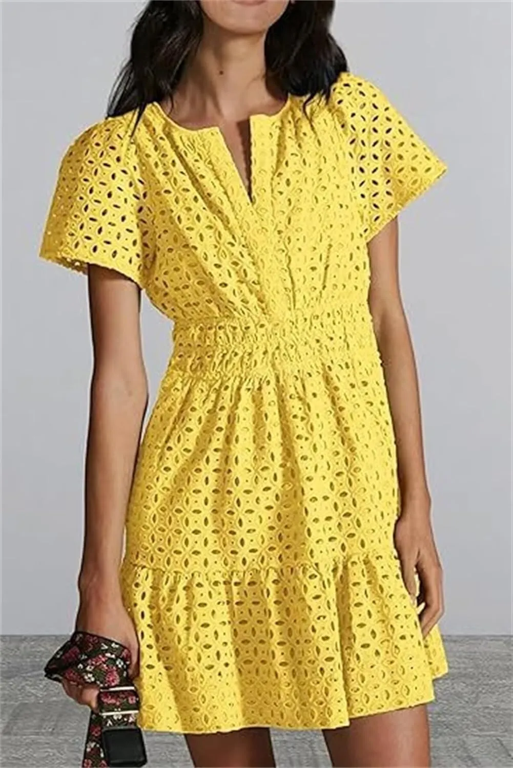 Womens Fashion Summer Dresses Casual Short Sleeve Lace Mini Dresses Ruched Dress Vacation Dress Wedding Guest Dresses