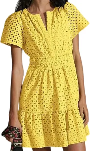 Womens Fashion Summer Dresses Casual Short Sleeve Lace Mini Dresses Ruched Dress Vacation Dress Wedding Guest Dresses