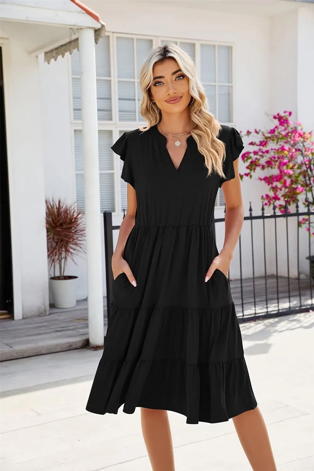 Womens Fashion Summer Dresses Casual Short Sleeve V Neck Mini Dresses Ruffle Boho Dresses Vacation Beach Dresses