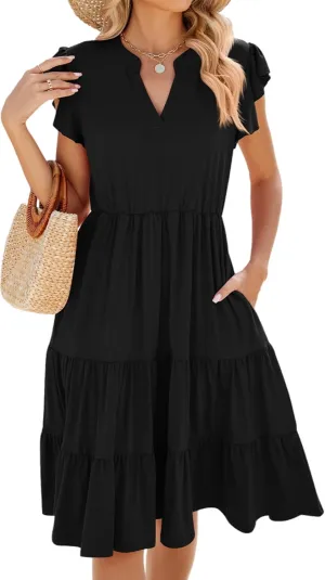 Womens Fashion Summer Dresses Casual Short Sleeve V Neck Mini Dresses Ruffle Boho Dresses Vacation Beach Dresses