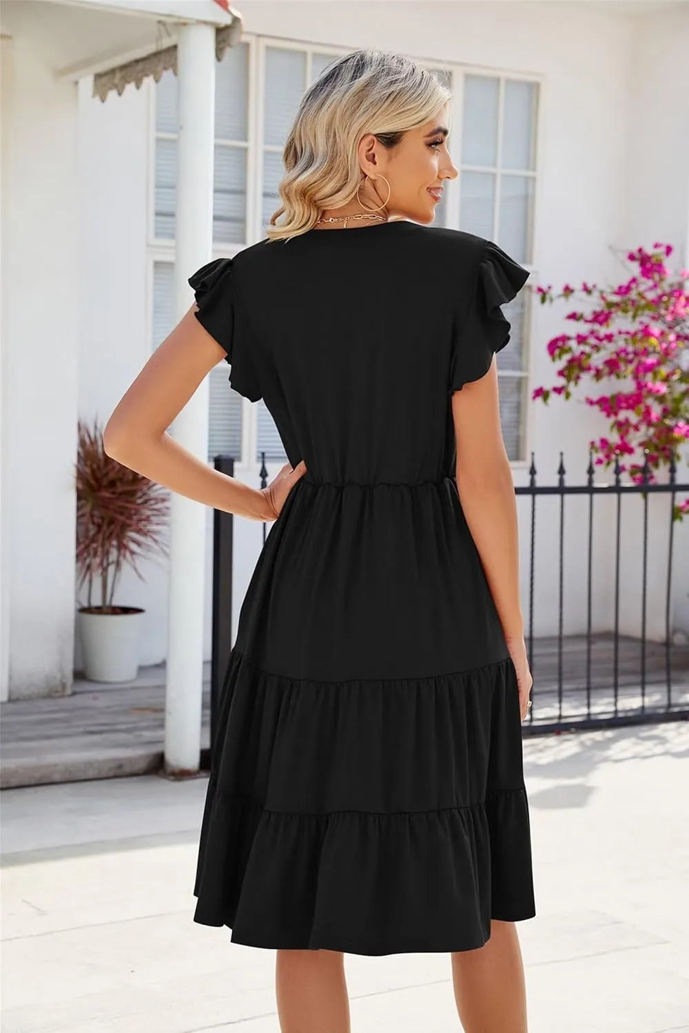 Womens Fashion Summer Dresses Casual Short Sleeve V Neck Mini Dresses Ruffle Boho Dresses Vacation Beach Dresses