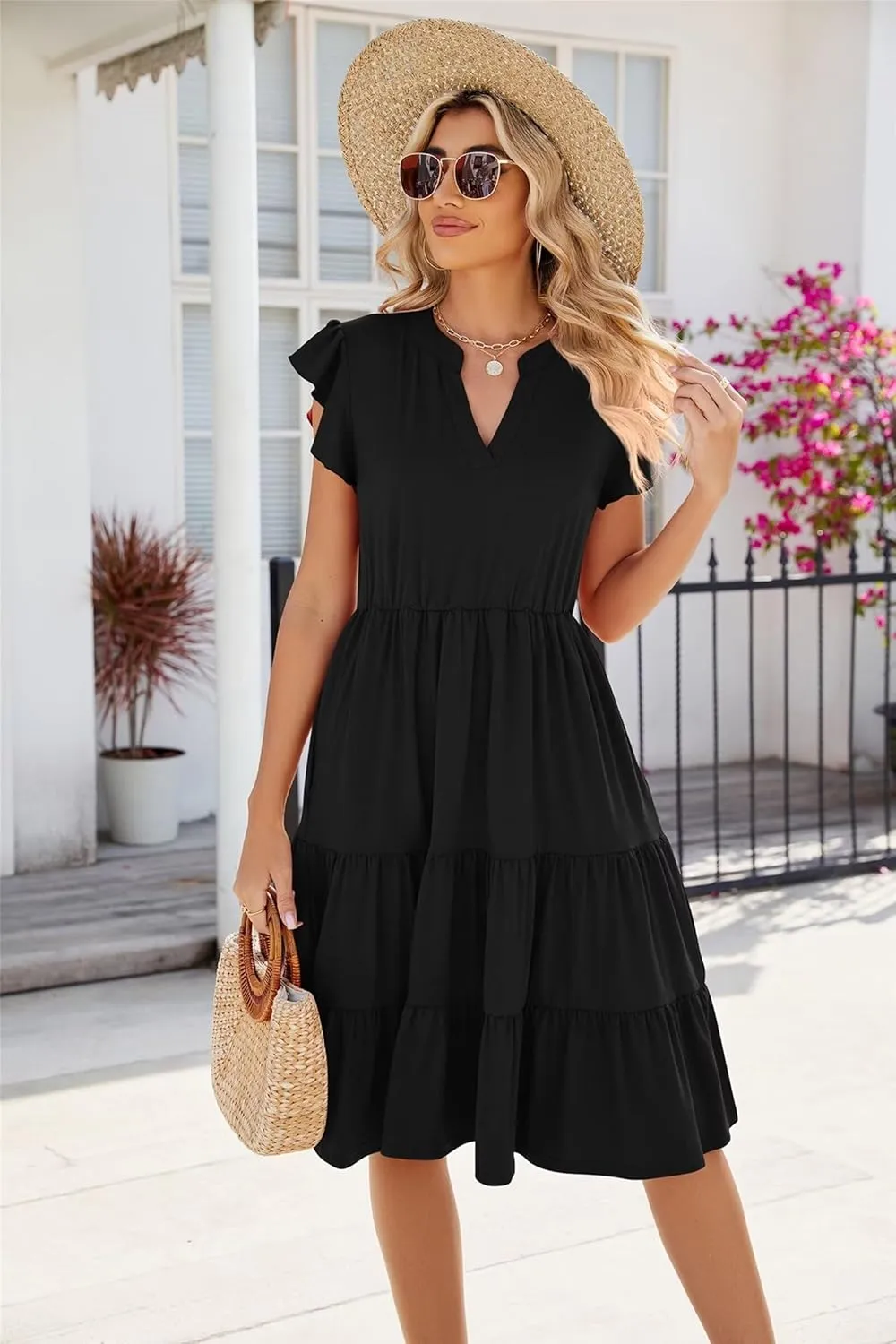Womens Fashion Summer Dresses Casual Short Sleeve V Neck Mini Dresses Ruffle Boho Dresses Vacation Beach Dresses