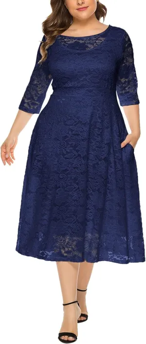 Womens Floral Lace Plus Size Midi Dress Scooped Neckline Cocktail Party Dresses Swing Plus Size Dresses