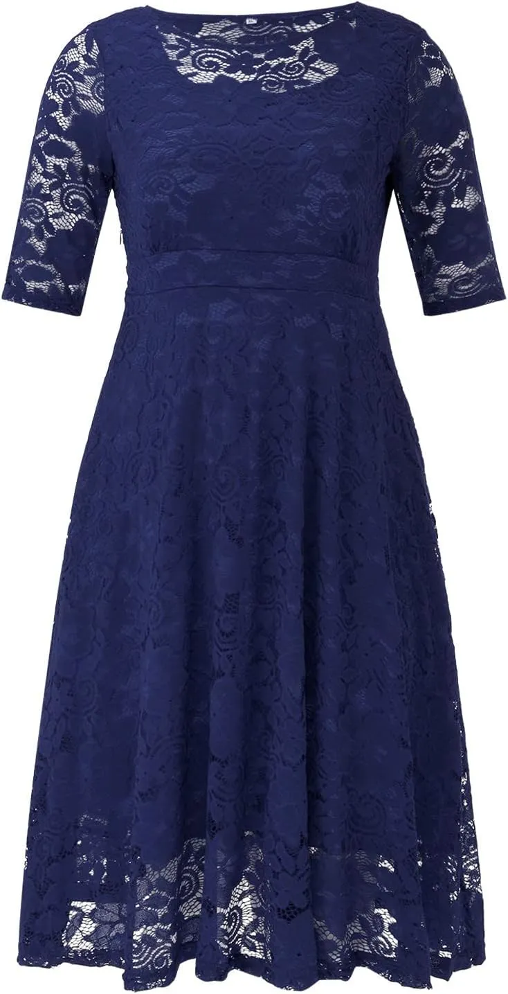 Womens Floral Lace Plus Size Midi Dress Scooped Neckline Cocktail Party Dresses Swing Plus Size Dresses