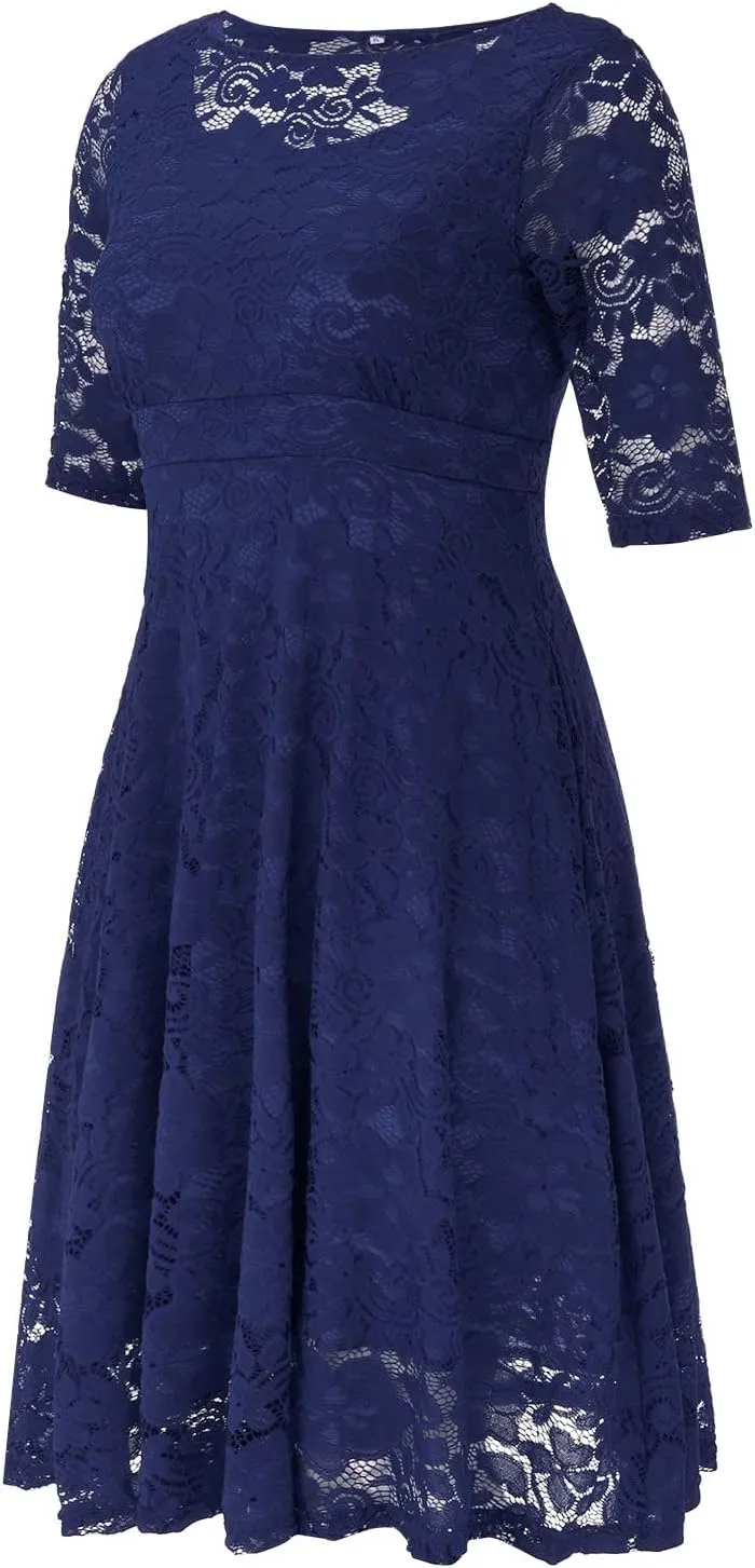 Womens Floral Lace Plus Size Midi Dress Scooped Neckline Cocktail Party Dresses Swing Plus Size Dresses