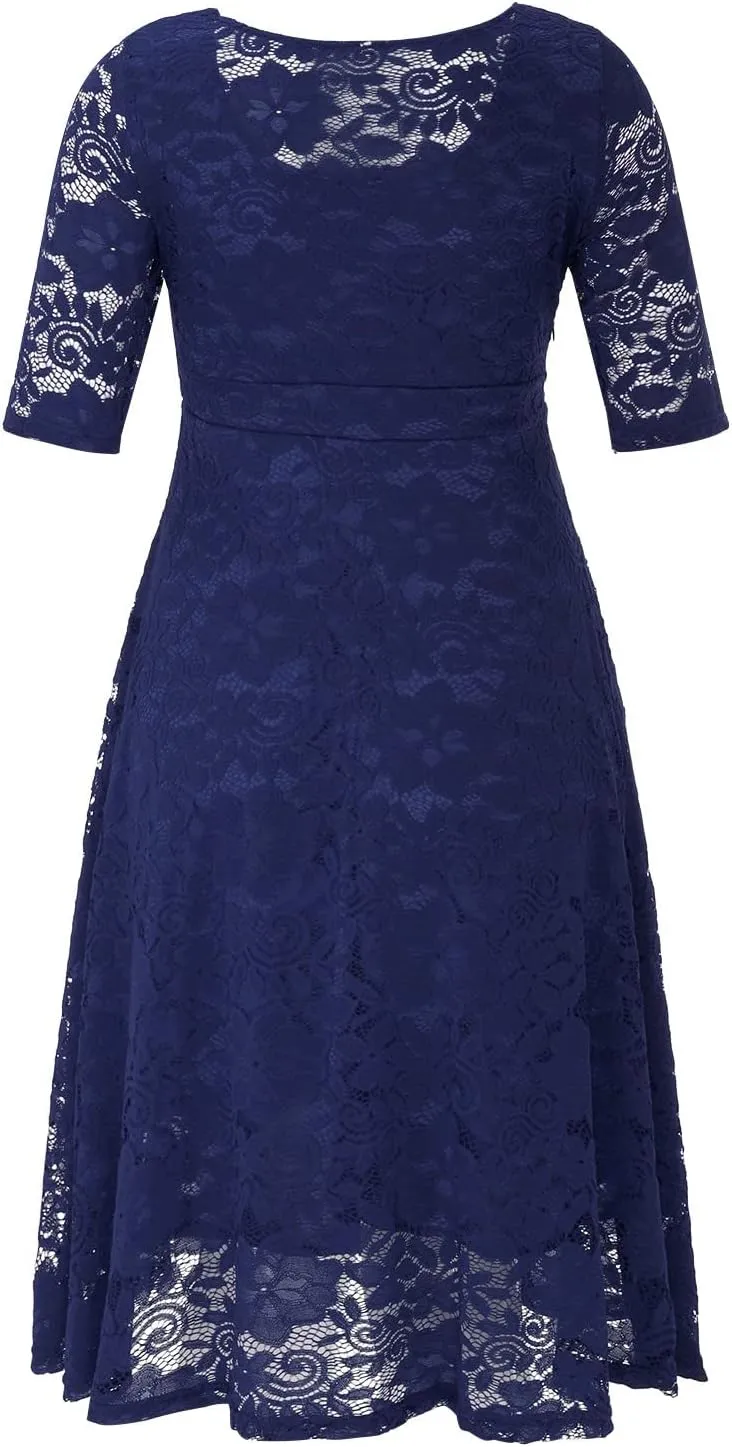 Womens Floral Lace Plus Size Midi Dress Scooped Neckline Cocktail Party Dresses Swing Plus Size Dresses