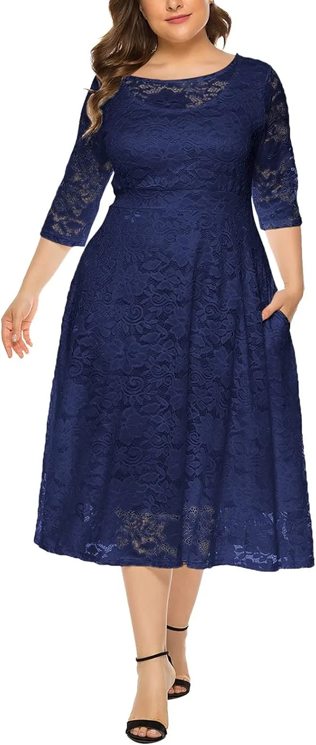 Womens Floral Lace Plus Size Midi Dress Scooped Neckline Cocktail Party Dresses Swing Plus Size Dresses