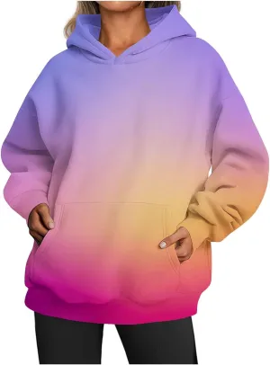 Womens Hoodies Casual Long Sleeve Oversized Sweatshirts Drawstring Pullover Fashion Crew Neck Pocket Gradient