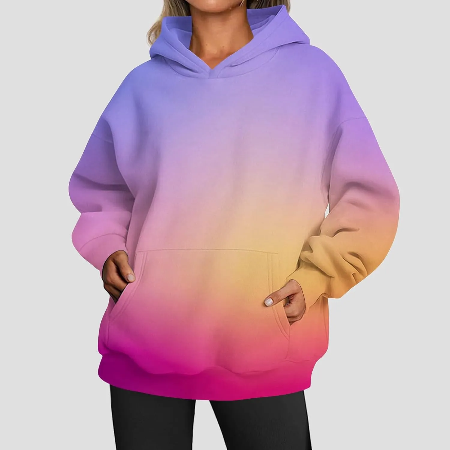 Womens Hoodies Casual Long Sleeve Oversized Sweatshirts Drawstring Pullover Fashion Crew Neck Pocket Gradient