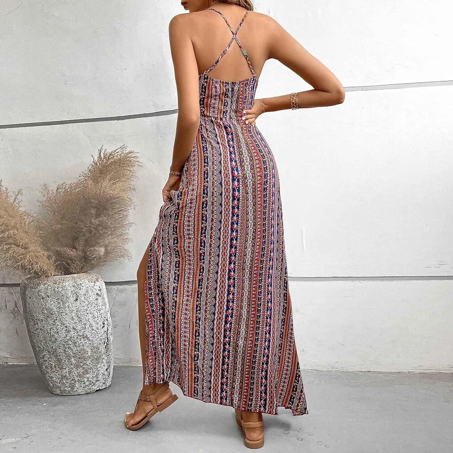 Womens Maxi Dresses Boho Ethnic Style Vintage Floral Dress Sexy V-Neck Sleeveless Side Split Summer Beach Sundress