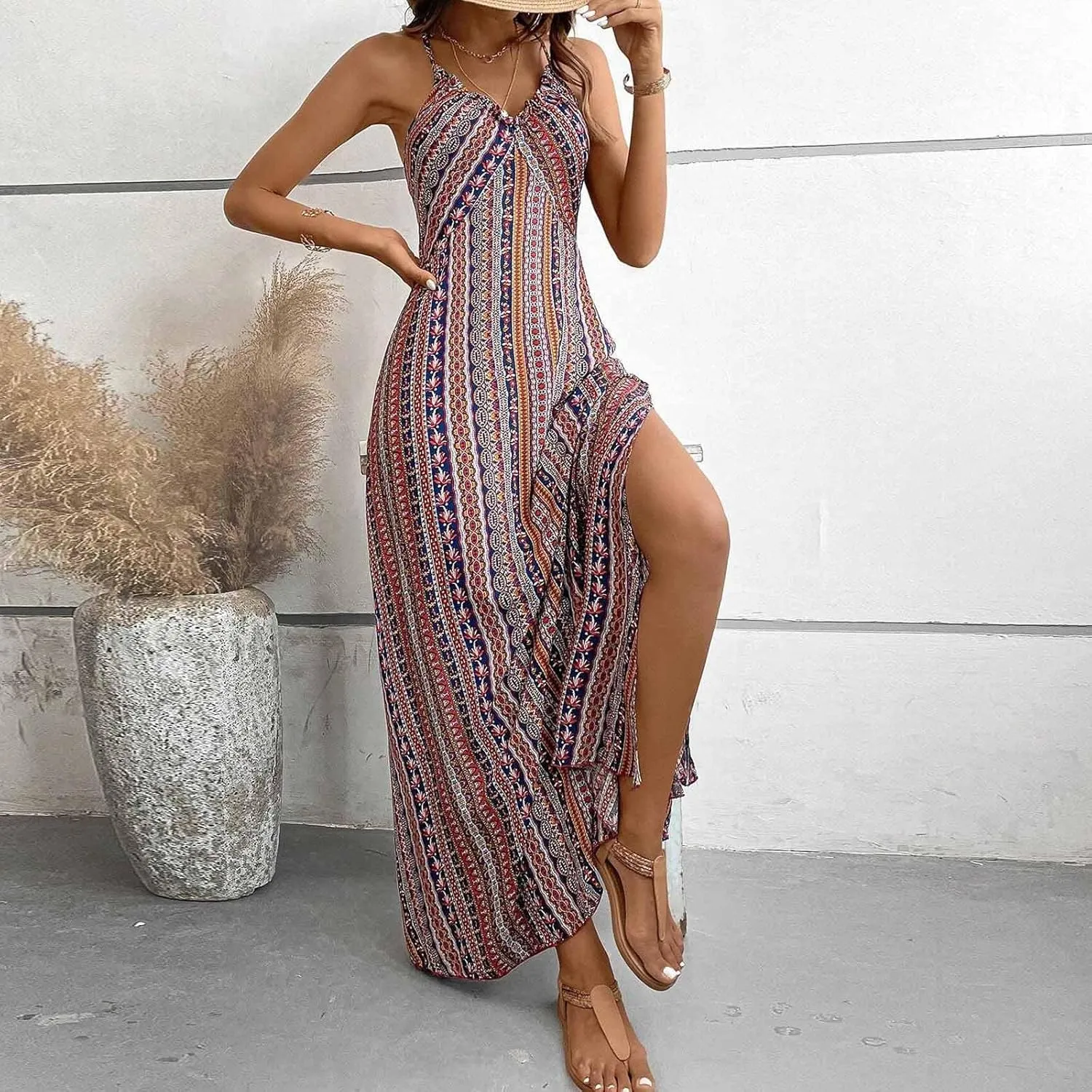 Womens Maxi Dresses Boho Ethnic Style Vintage Floral Dress Sexy V-Neck Sleeveless Side Split Summer Beach Sundress