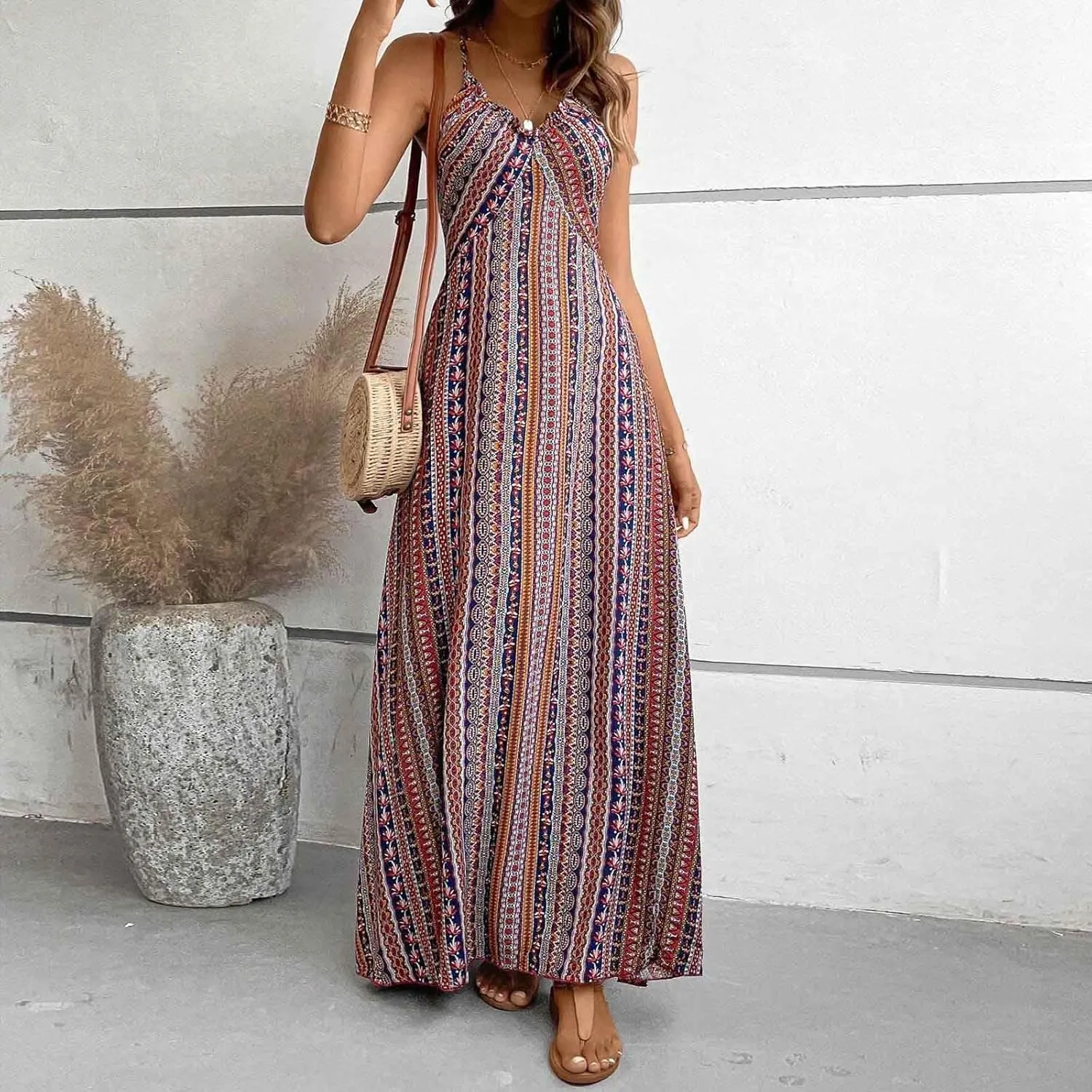 Womens Maxi Dresses Boho Ethnic Style Vintage Floral Dress Sexy V-Neck Sleeveless Side Split Summer Beach Sundress