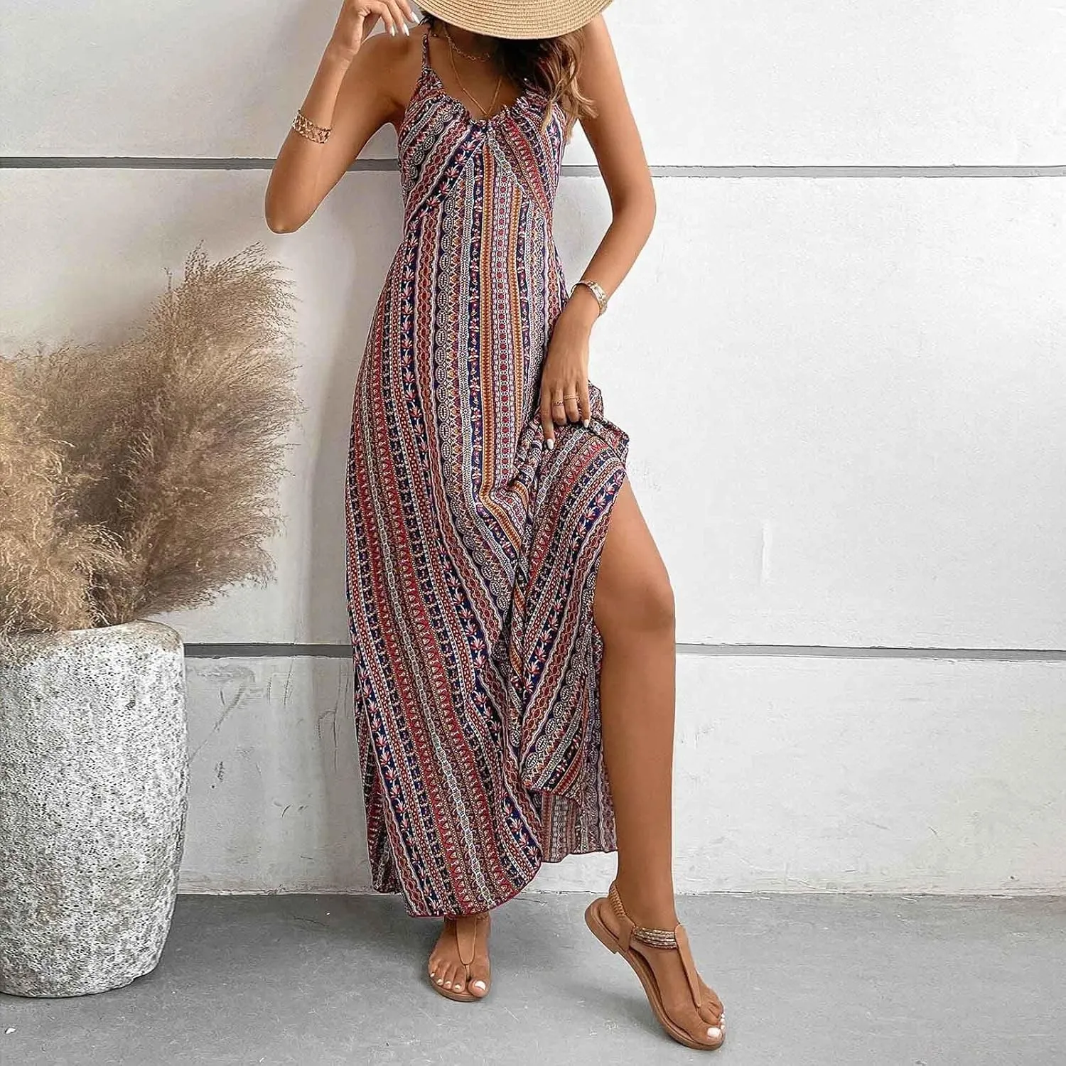 Womens Maxi Dresses Boho Ethnic Style Vintage Floral Dress Sexy V-Neck Sleeveless Side Split Summer Beach Sundress