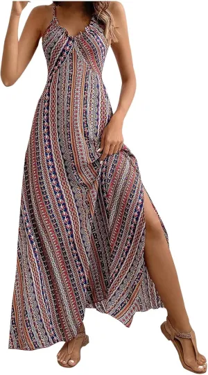 Womens Maxi Dresses Boho Ethnic Style Vintage Floral Dress Sexy V-Neck Sleeveless Side Split Summer Beach Sundress