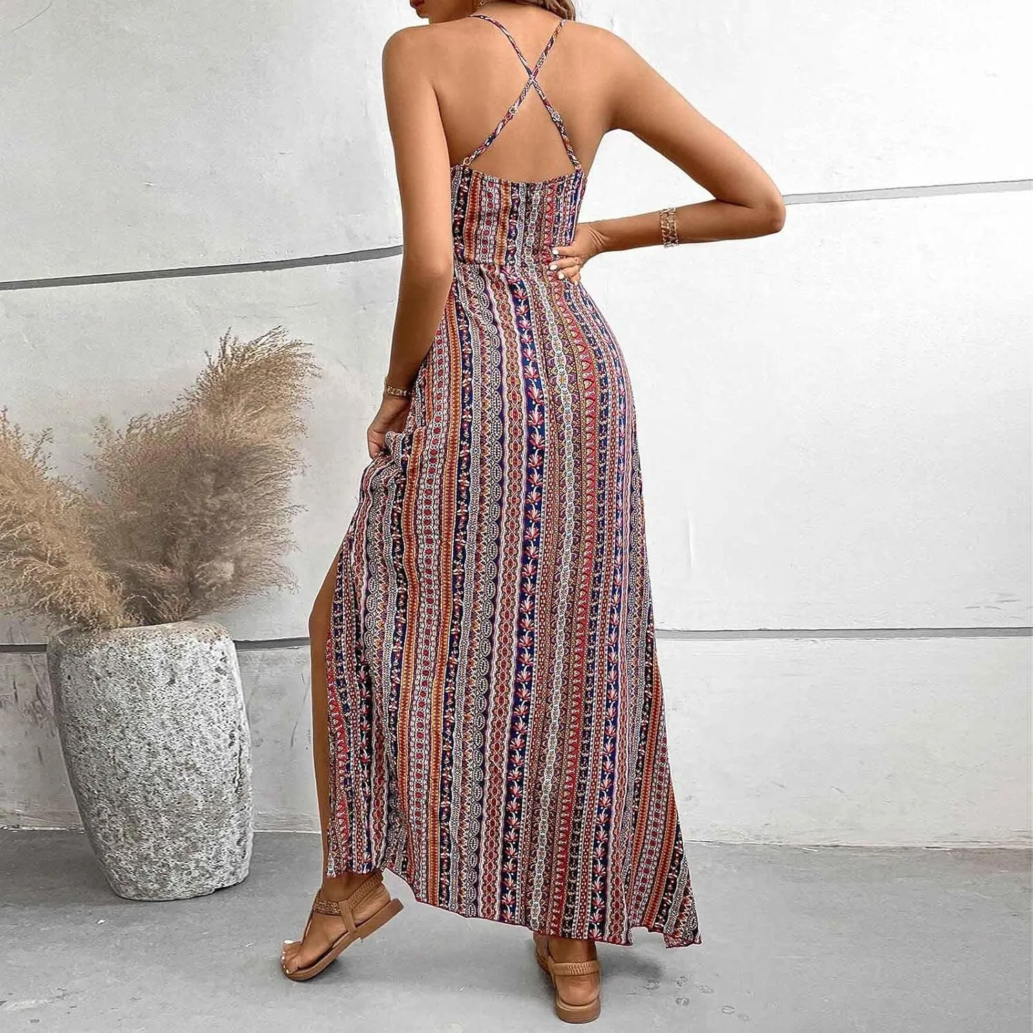 Womens Maxi Dresses Boho Ethnic Style Vintage Floral Dress Sexy V-Neck Sleeveless Side Split Summer Beach Sundress