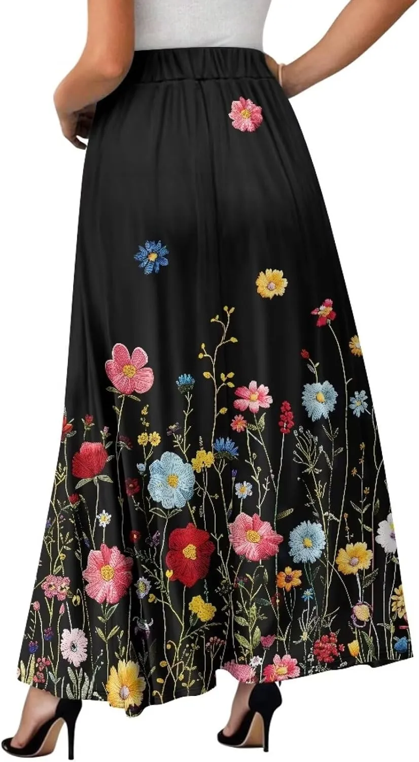 Women's Maxi High Waist Pleated Skirt with Pockets Lightweight Casual Long Skirts Flowy Swing Ankle Length