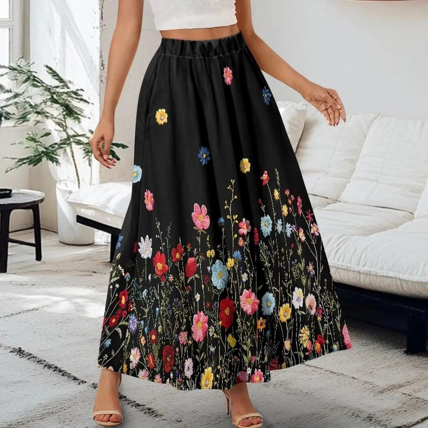 Women's Maxi High Waist Pleated Skirt with Pockets Lightweight Casual Long Skirts Flowy Swing Ankle Length