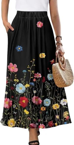 Women's Maxi High Waist Pleated Skirt with Pockets Lightweight Casual Long Skirts Flowy Swing Ankle Length