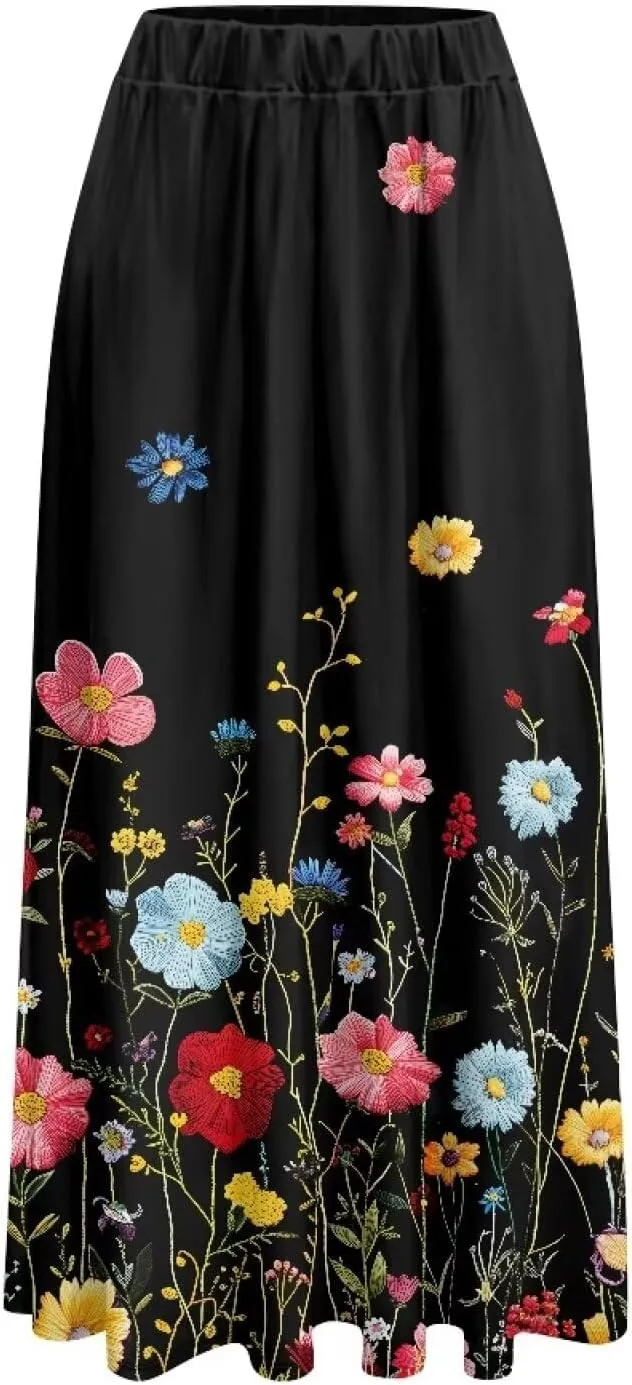 Women's Maxi High Waist Pleated Skirt with Pockets Lightweight Casual Long Skirts Flowy Swing Ankle Length
