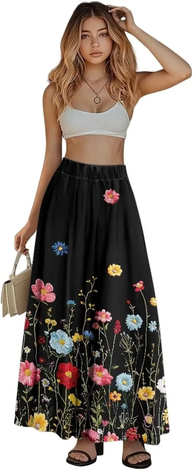 Women's Maxi High Waist Pleated Skirt with Pockets Lightweight Casual Long Skirts Flowy Swing Ankle Length